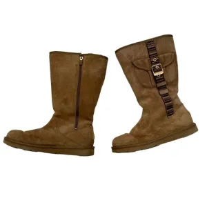 UGG 1895 Chestnut Retro Cargo Tall Sheepskin Boots w/Decorative Striped Strap 9