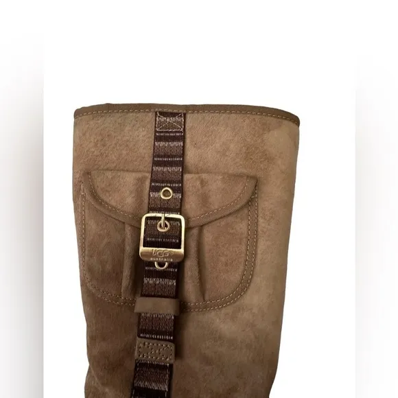 UGG 1895 Chestnut Retro Cargo Tall Sheepskin Boots w/Decorative Striped Strap 9