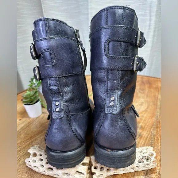 Ugg Artho Black Leather Motorcycle Boots Triple Buckle Zip Ankle Men's Size 12