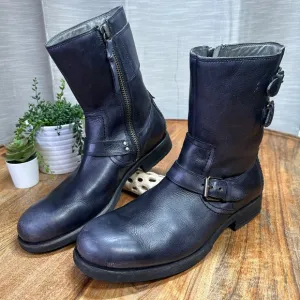 Ugg Artho Black Leather Motorcycle Boots Triple Buckle Zip Ankle Men's Size 12