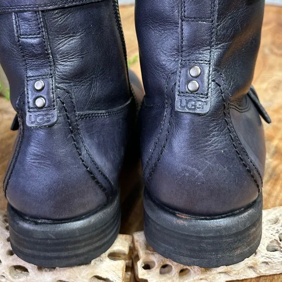 Ugg Artho Black Leather Motorcycle Boots Triple Buckle Zip Ankle Men's Size 12