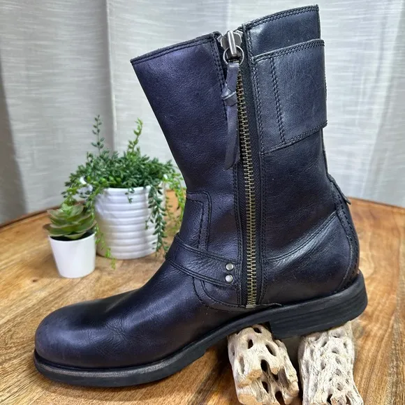 Ugg Artho Black Leather Motorcycle Boots Triple Buckle Zip Ankle Men's Size 12