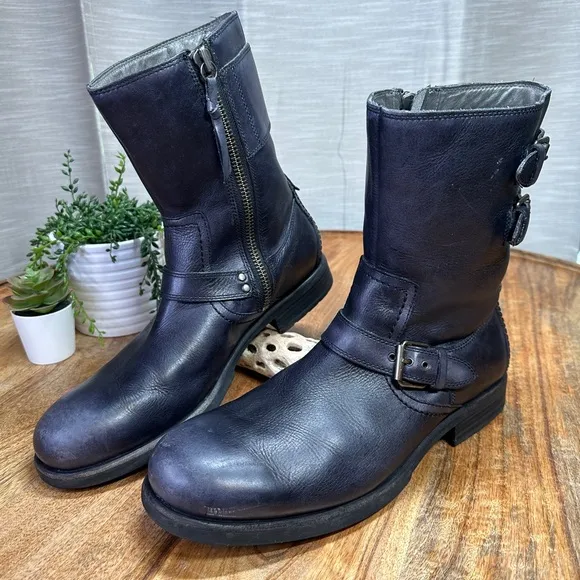 Ugg Artho Black Leather Motorcycle Boots Triple Buckle Zip Ankle Men's Size 12