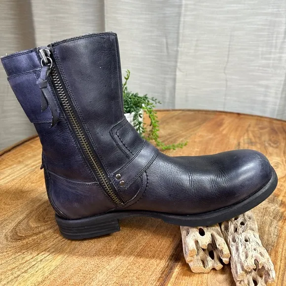 Ugg Artho Black Leather Motorcycle Boots Triple Buckle Zip Ankle Men's Size 12