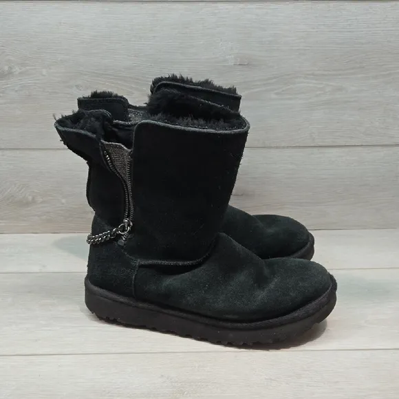 UGG Australia  Black Winter Rain Boots Mid-Calf Suede Side Zip Shoes Sz 9