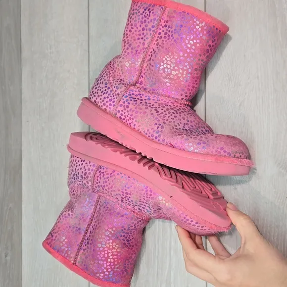 Ugg Australia Girls Pink Ankle Leather Sheepskin Boots Shoes Sz 3