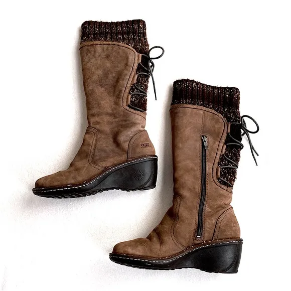 UGG Australia Skylair 1936 Brown Leather Shearling Lined Lace Up Boots Size 7