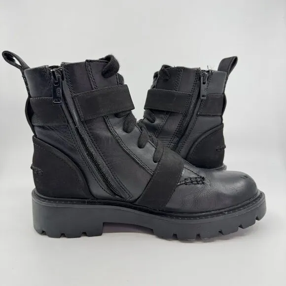 UGG Boots Size 7 Black NOE Motorcycle Biker Moto Leather Double Strap Lace Up