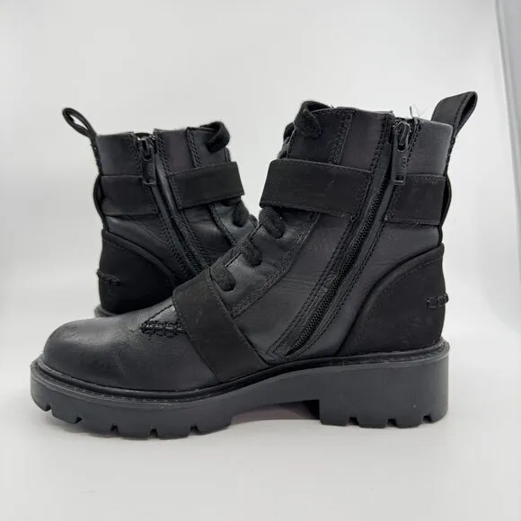 UGG Boots Size 7 Black NOE Motorcycle Biker Moto Leather Double Strap Lace Up