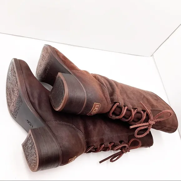 {UGG} Cary Brown Leather Lace Back Boot