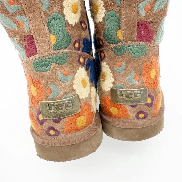 UGG Chestnut Suede Wahine Embroidered Floral Boots, Size 9 RARE Limited Edition