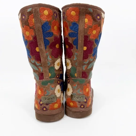 UGG Chestnut Suede Wahine Embroidered Floral Boots, Size 9 RARE Limited Edition