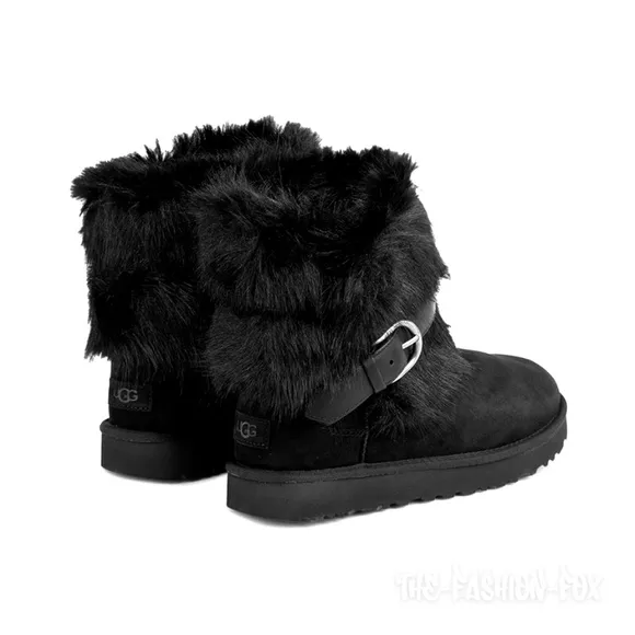 UGG Classic Buckle Mini Black Faux Fur Suede Ankle Boots Short Booties Womens 11