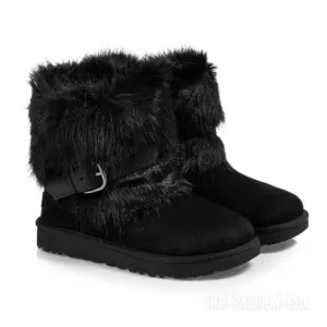 UGG Classic Buckle Mini Black Faux Fur Suede Ankle Boots Short Booties Womens 11