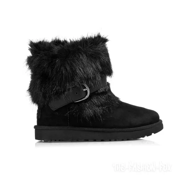 UGG Classic Buckle Mini Black Faux Fur Suede Ankle Boots Short Booties Womens 11
