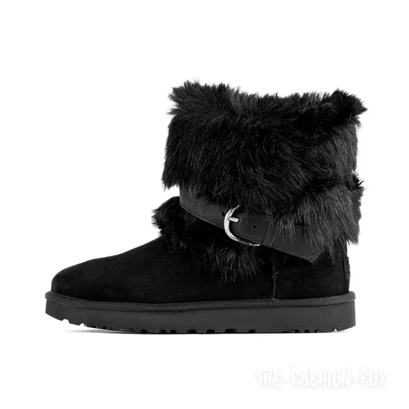 UGG Classic Buckle Mini Black Faux Fur Suede Ankle Boots Short Booties Womens 11