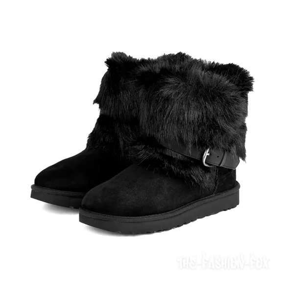 UGG Classic Buckle Mini Black Faux Fur Suede Ankle Boots Short Booties Womens 11