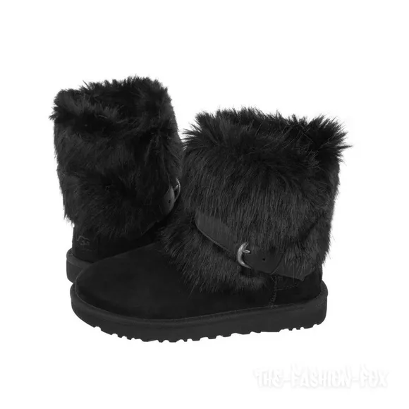 UGG Classic Buckle Mini Black Faux Fur Suede Ankle Boots Short Booties Womens 11
