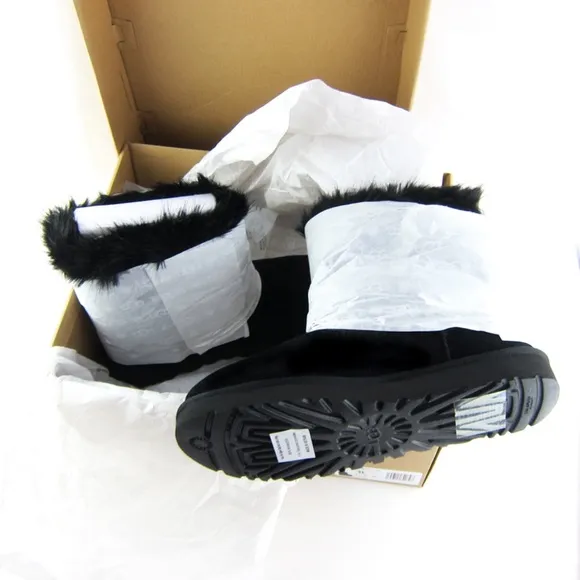 UGG Classic Buckle Mini Black Faux Fur Suede Ankle Boots Short Booties Womens 11