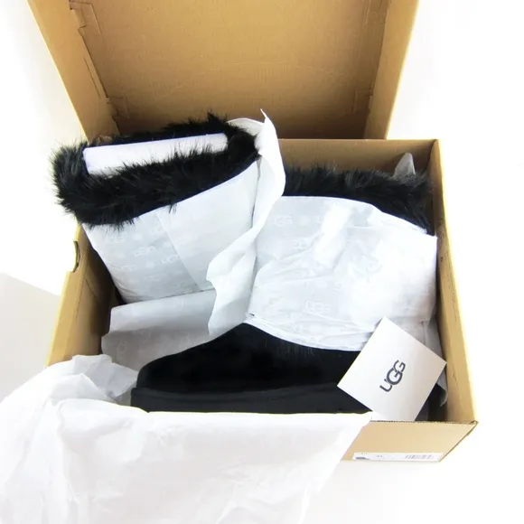 UGG Classic Buckle Mini Black Faux Fur Suede Ankle Boots Short Booties Womens 11
