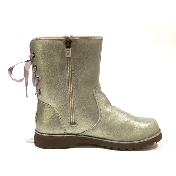 UGG CORENE METALLIC SATIN LACE BOOT -SOFT GOLD SUEDE -YOUTH US 5 -NEW