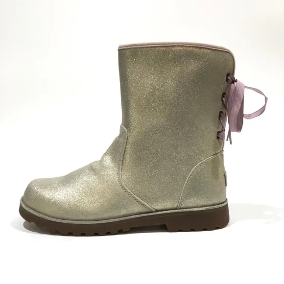 UGG CORENE METALLIC SATIN LACE BOOT -SOFT GOLD SUEDE -YOUTH US 5 -NEW