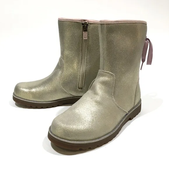 UGG CORENE METALLIC SATIN LACE BOOT -SOFT GOLD SUEDE -YOUTH US 5 -NEW