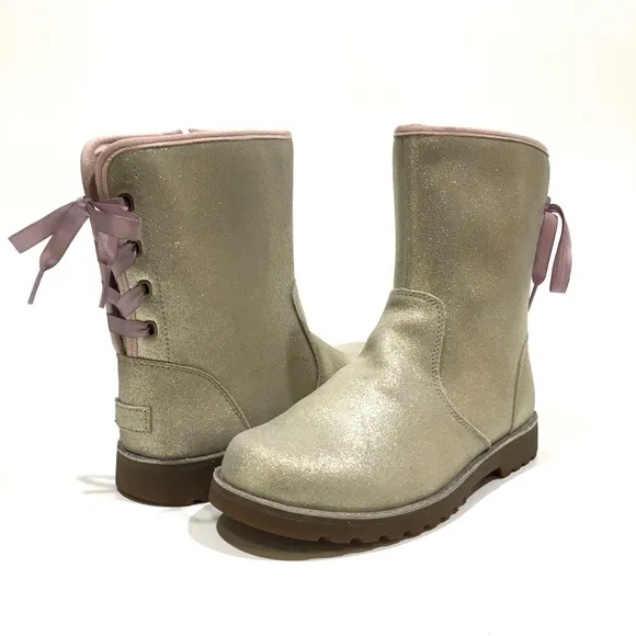 UGG CORENE METALLIC SATIN LACE BOOT -SOFT GOLD SUEDE -YOUTH US 5 -NEW