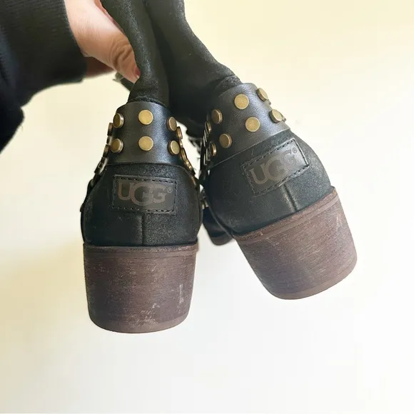 UGG Darling Black Leather Studded Harness Ankle Boots 9.5