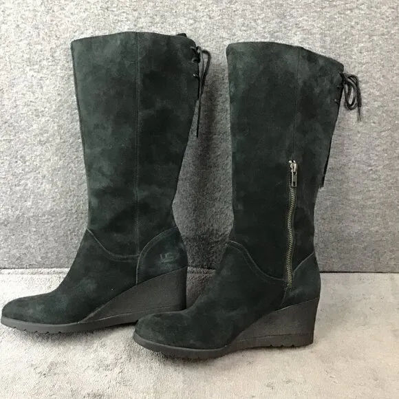 UGG Dawna Women's Black Suede Waterproof  Wedge Boots Sz 8.5 Tall Side Zipper