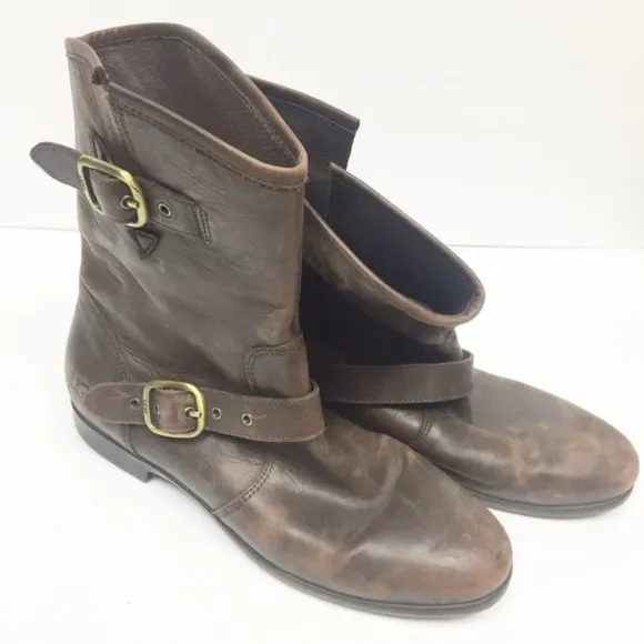 Ugg | Distressed Brown Leather Buckle Moto Boot
