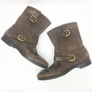 Ugg | Distressed Brown Leather Buckle Moto Boot