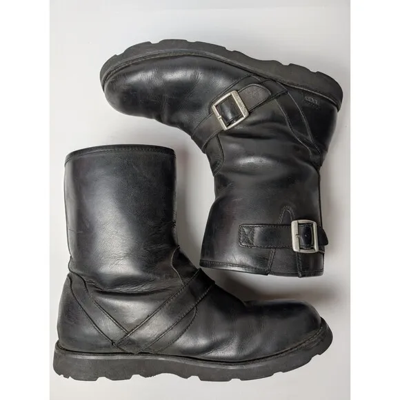 Ugg Gallatin Boots Mens Size 11.5 Black Motorcycle Biker Moto Buckle Straps