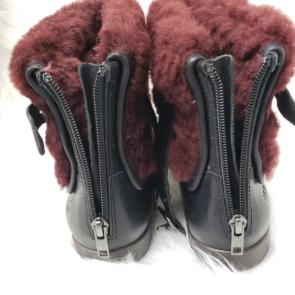 Ugg Inez Sherling Ankle Cuff Leather Boots in Black and Oxford Red Size 7