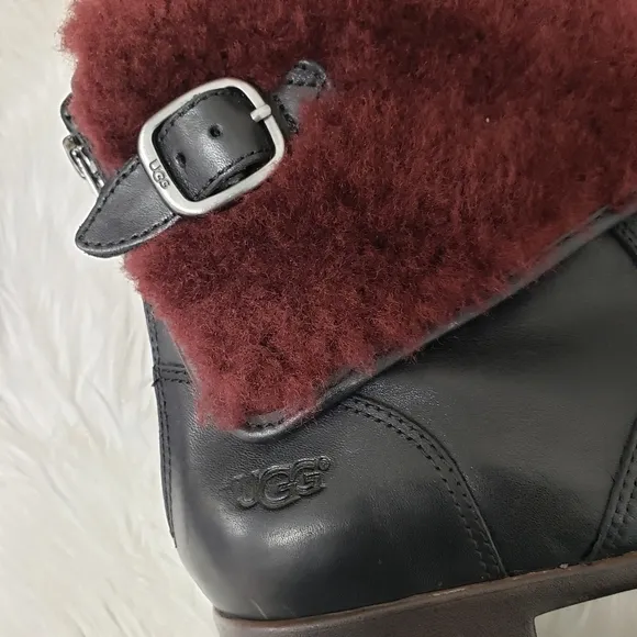 Ugg Inez Sherling Ankle Cuff Leather Boots in Black and Oxford Red Size 7