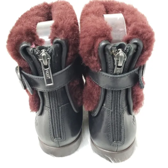 Ugg Inez Sherling Ankle Cuff Leather Boots in Black and Oxford Red Size 7