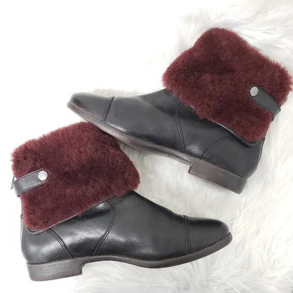 Ugg Inez Sherling Ankle Cuff Leather Boots in Black and Oxford Red Size 7