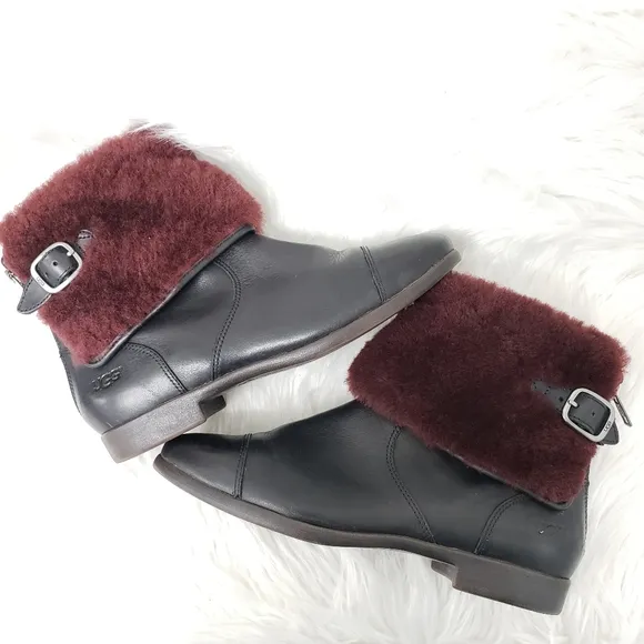 Ugg Inez Sherling Ankle Cuff Leather Boots in Black and Oxford Red Size 7