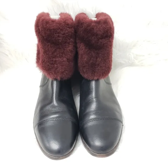 Ugg Inez Sherling Ankle Cuff Leather Boots in Black and Oxford Red Size 7