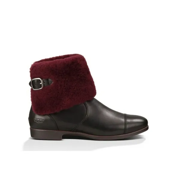 Ugg Inez Sherling Ankle Cuff Leather Boots in Black and Oxford Red Size 7
