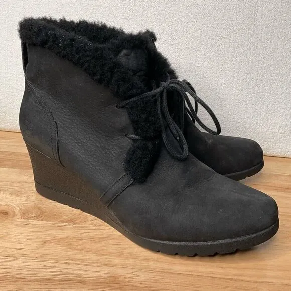 UGG Jeovana Womens Boots Black Suede Waterproof Lace Up Ankle Wedge Boots Size 9