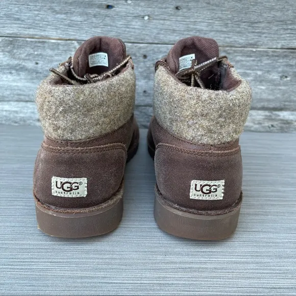UGG Kids Orin Wool Brown Leather Lace Up Ankle Boots Size US 4 Youth
