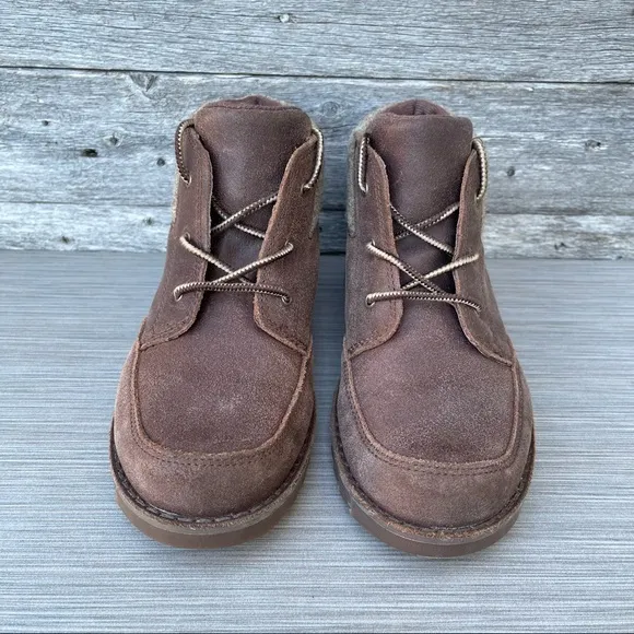 UGG Kids Orin Wool Brown Leather Lace Up Ankle Boots Size US 4 Youth