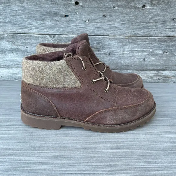 UGG Kids Orin Wool Brown Leather Lace Up Ankle Boots Size US 4 Youth