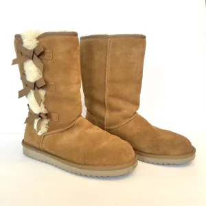 UGG Koolabura Victoria Tall Chesnut Suede boots with bows, size 10