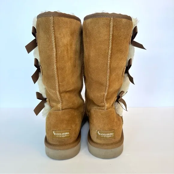 UGG Koolabura Victoria Tall Chesnut Suede boots with bows, size 10