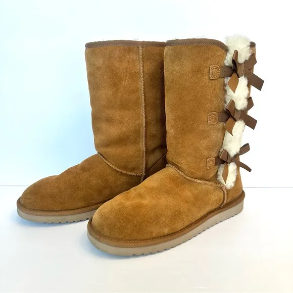 UGG Koolabura Victoria Tall Chesnut Suede boots with bows, size 10