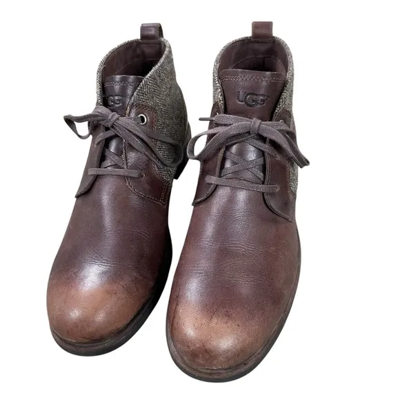 UGG Men's Size 10 M Ankle Boots Brompton Tweed Grizzly Boots Brown Leather