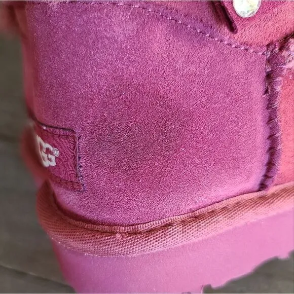 UGG MINI BAILEY BOW BRILLIANT CRYSTAL SUEDE SHEEPSKIN BOOTS Garnet Size 5