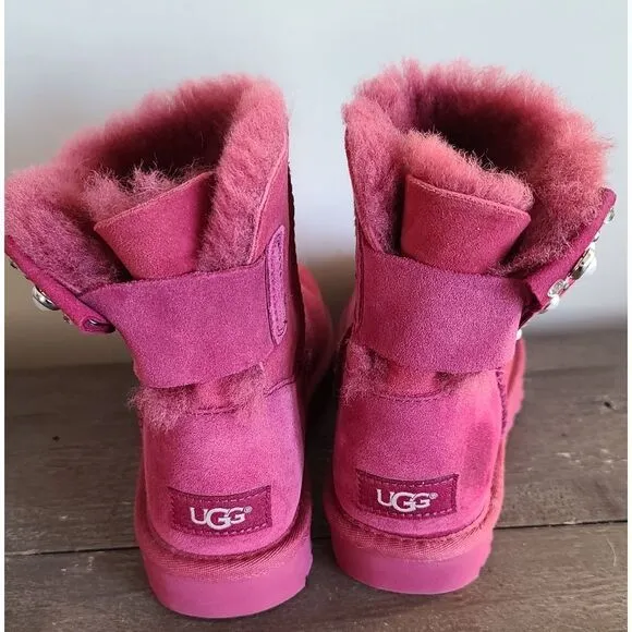 UGG MINI BAILEY BOW BRILLIANT CRYSTAL SUEDE SHEEPSKIN BOOTS Garnet Size 5